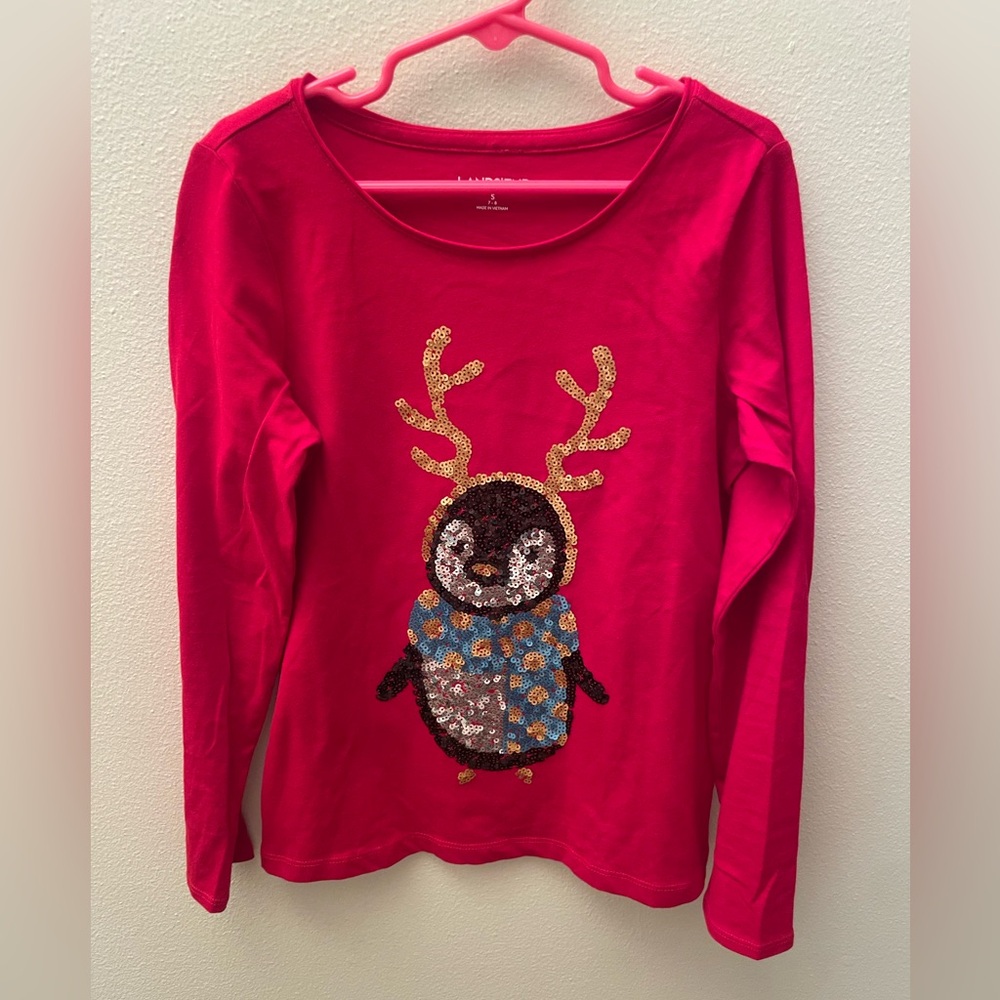 💕Lands' End Kids Red Reindeer Penguin Sequin Tee